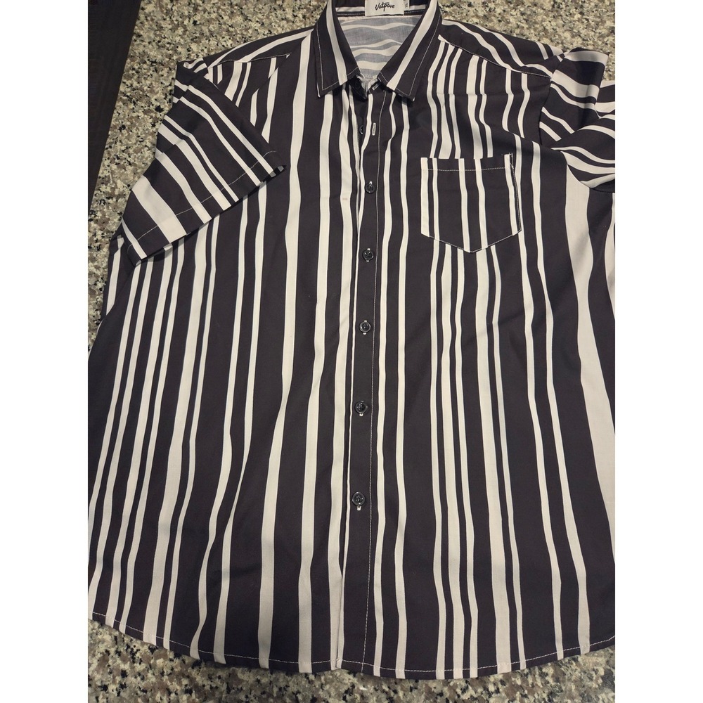Vatpave Mens XL Black White Vertical‎ Stripe Short Sleeve Button Down Shirt 1164